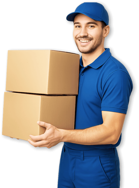uomo sorridente con divisa blu e scatoloni